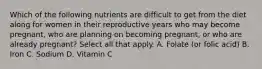 Which of the following nutrients are difficult to get from the diet along for women in their reproductive years who may become pregnant, who are planning on becoming pregnant, or who are already pregnant? Select all that apply. A. Folate (or folic acid) B. Iron C. Sodium D. Vitamin C