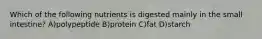 Which of the following nutrients is digested mainly in the small intestine? A)polypeptide B)protein C)fat D)starch