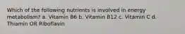 Which of the following nutrients is involved in energy metabolism? a. Vitamin B6 b. Vitamin B12 c. Vitamin C d. Thiamin OR Riboflavin