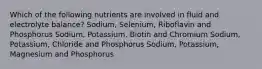 Which of the following nutrients are involved in fluid and electrolyte balance? Sodium, Selenium, Riboflavin and Phosphorus Sodium, Potassium, Biotin and Chromium Sodium, Potassium, Chloride and Phosphorus Sodium, Potassium, Magnesium and Phosphorus