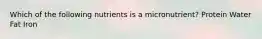 Which of the following nutrients is a micronutrient? Protein Water Fat Iron