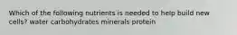 Which of the following nutrients is needed to help build new cells? water carbohydrates minerals protein