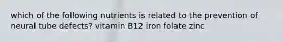 which of the following nutrients is related to the prevention of neural tube defects? vitamin B12 iron folate zinc