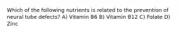 Which of the following nutrients is related to the prevention of neural tube defects? A) Vitamin B6 B) Vitamin B12 C) Folate D) Zinc