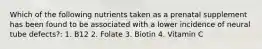 Which of the following nutrients taken as a prenatal supplement has been found to be associated with a lower incidence of neural tube defects?: 1. B12 2. Folate 3. Biotin 4. Vitamin C