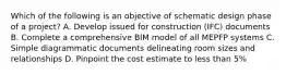 Which of the following is an objective of schematic design phase of a project? A. Develop issued for construction (IFC) documents B. Complete a comprehensive BIM model of all MEPFP systems C. Simple diagrammatic documents delineating room sizes and relationships D. Pinpoint the cost estimate to less than 5%