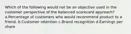 Which of the following would not be an objective used in the customer perspective of the balanced scorecard approach?a.Percentage of customers who would recommend product to a friend. b.Customer retention c.Brand recognition d.Earnings per share