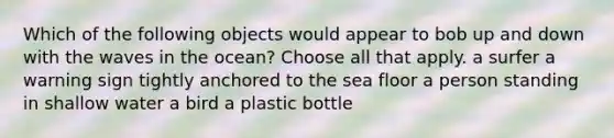 Which of the following objects would appear to bob up and down with the waves in the ocean? Choose all that apply. a surfer a warning sign tightly anchored to the sea floor a person standing in shallow water a bird a plastic bottle