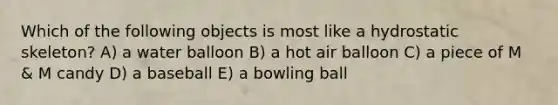 Which of the following objects is most like a hydrostatic skeleton? A) a water balloon B) a hot air balloon C) a piece of M & M candy D) a baseball E) a bowling ball