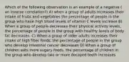 Which of the following observation is an example of a negative ( an inverse correlation?) A) when a group of adults increases their intake of fruits and vegetables the percentage of people in the group who have high blood levels of vitamin C levels increase B) When a group of people decreases their physical activity levels, the percentage of people in the group with healthy levels of body fat decreases. C) When a group of older adults increases their intake of high fiber foods, the percentage of people in the group who develop intestinal cancer decreases D) When a group of children eats more sugary foods, the percentage of children in the group who develop two or more decayed teeth increases