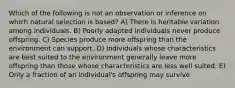 Which of the following is not an observation or inference on which natural selection is based? A) There is heritable variation among individuals. B) Poorly adapted individuals never produce offspring. C) Species produce more offspring than the environment can support. D) Individuals whose characteristics are best suited to the environment generally leave more offspring than those whose characteristics are less well suited. E) Only a fraction of an individual's offspring may survive