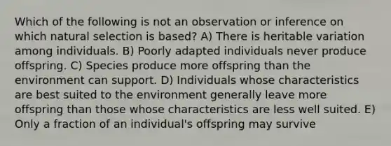 Which of the following is not an observation or inference on which natural selection is based? A) There is heritable variation among individuals. B) Poorly adapted individuals never produce offspring. C) Species produce more offspring than the environment can support. D) Individuals whose characteristics are best suited to the environment generally leave more offspring than those whose characteristics are less well suited. E) Only a fraction of an individual's offspring may survive