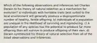 Which of the following observations and inferences led Charles Darwin to his theory of natural selection as a mechanism for evolution? a) Individuals with heritable traits best suited to the local environment will generally produce a disproportionate number of healthy, fertile offspring. b) Individuals of a population are unequal in the likelihood of surviving and reproducing. c) A population of any species has the potential to produce far more offspring than will survive to produce offspring of their own. d) Darwin synthesized his theory of natural selection from all of the listed observations and inferences.