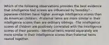 Which of the following observations provides the best evidence that intelligence test scores are influenced by heredity? -Japanese children have higher average intelligence scores than do American children. -Fraternal twins are more similar in their intelligence scores than are ordinary siblings. -The intelligence scores of children are positively correlated with the intelligence scores of their parents. -Identical twins reared separately are more similar in their intelligence scores than fraternal twins reared together.