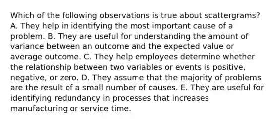 Which of the following observations is true about scattergrams? A. They help in identifying the most important cause of a problem. B. They are useful for understanding the amount of variance between an outcome and the expected value or average outcome. C. They help employees determine whether the relationship between two variables or events is positive, negative, or zero. D. They assume that the majority of problems are the result of a small number of causes. E. They are useful for identifying redundancy in processes that increases manufacturing or service time.