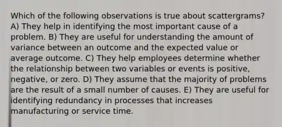 Which of the following observations is true about scattergrams? A) They help in identifying the most important cause of a problem. B) They are useful for understanding the amount of variance between an outcome and the expected value or average outcome. C) They help employees determine whether the relationship between two variables or events is positive, negative, or zero. D) They assume that the majority of problems are the result of a small number of causes. E) They are useful for identifying redundancy in processes that increases manufacturing or service time.