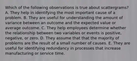 Which of the following observations is true about scattergrams? A. They help in identifying the most important cause of a problem. B. They are useful for understanding the amount of variance between an outcome and the expected value or average outcome. C. They help employees determine whether the relationship between two variables or events is positive, negative, or zero. D. They assume that that the majority of problems are the result of a small number of causes. E. They are useful for identifying redundancy in processes that increase manufacturing or service time.