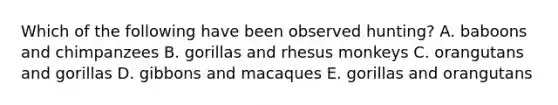 Which of the following have been observed hunting? A. baboons and chimpanzees B. gorillas and rhesus monkeys C. orangutans and gorillas D. gibbons and macaques E. gorillas and orangutans