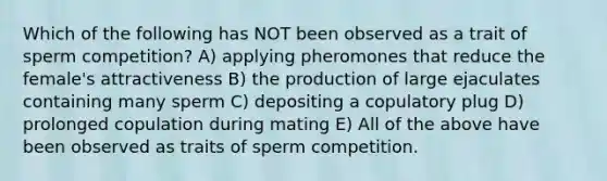 Which of the following has NOT been observed as a trait of sperm competition? A) applying pheromones that reduce the female's attractiveness B) the production of large ejaculates containing many sperm C) depositing a copulatory plug D) prolonged copulation during mating E) All of the above have been observed as traits of sperm competition.