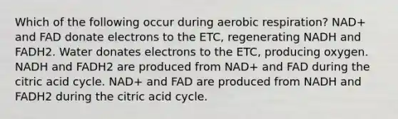 Which of the following occur during aerobic respiration? NAD+ and FAD donate electrons to the ETC, regenerating NADH and FADH2. Water donates electrons to the ETC, producing oxygen. NADH and FADH2 are produced from NAD+ and FAD during the citric acid cycle. NAD+ and FAD are produced from NADH and FADH2 during the citric acid cycle.