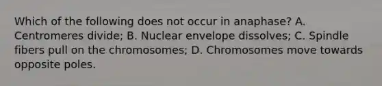 Which of the following does not occur in anaphase? A. Centromeres divide; B. Nuclear envelope dissolves; C. Spindle fibers pull on the chromosomes; D. Chromosomes move towards opposite poles.