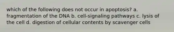 which of the following does not occur in apoptosis? a. fragmentation of the DNA b. cell-signaling pathways c. lysis of the cell d. digestion of cellular contents by scavenger cells