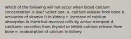 Which of the following will not occur when blood calcium concentration is low? Select one: a. calcium release from bone b. activation of vitamin D in kidney c. increase of calcium absorption in intestinal mucosal cells by active transport d. calcitonin secretion from thyroid to inhibit calcium release from bone e. reabsorption of calcium in kidney