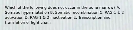 Which of the following does not occur in the bone marrow? A. Somatic hypermutation B. Somatic recombination C. RAG-1 & 2 activation D. RAG-1 & 2 inactivation E. Transcription and translation of light chain