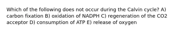 Which of the following does not occur during the Calvin cycle? A) carbon fixation B) oxidation of NADPH C) regeneration of the CO2 acceptor D) consumption of ATP E) release of oxygen