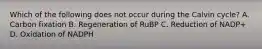 Which of the following does not occur during the Calvin cycle? A. Carbon fixation B. Regeneration of RuBP C. Reduction of NADP+ D. Oxidation of NADPH