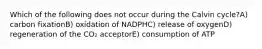 Which of the following does not occur during the Calvin cycle?A) carbon fixationB) oxidation of NADPHC) release of oxygenD) regeneration of the CO₂ acceptorE) consumption of ATP