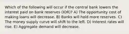 Which of the following will occur if the central bank lowers the interest paid on bank reserves (IOR)? A) The opportunity cost of making loans will decrease. B) Banks will hold more reserves. C) The money supply curve will shift to the left. D) Interest rates will rise. E) Aggregate demand will decrease.