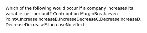 Which of the following would occur if a company increases its variable cost per unit? Contribution MarginBreak-even PointA.IncreaseIncreaseB.IncreaseDecreaseC.DecreaseIncreaseD.DecreaseDecreaseE.IncreaseNo effect