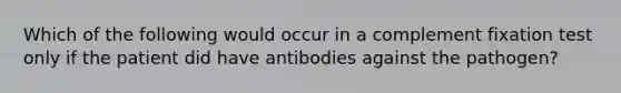 Which of the following would occur in a complement fixation test only if the patient did have antibodies against the pathogen?