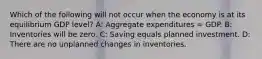 Which of the following will not occur when the economy is at its equilibrium GDP level? A: Aggregate expenditures = GDP. B: Inventories will be zero. C: Saving equals planned investment. D: There are no unplanned changes in inventories.