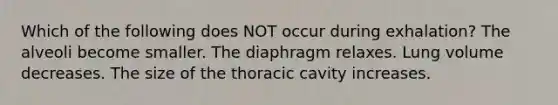 Which of the following does NOT occur during exhalation? The alveoli become smaller. The diaphragm relaxes. Lung volume decreases. The size of the thoracic cavity increases.