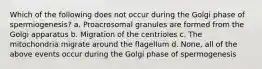 Which of the following does not occur during the Golgi phase of spermiogenesis? a. Proacrosomal granules are formed from the Golgi apparatus b. Migration of the centrioles c. The mitochondria migrate around the flagellum d. None, all of the above events occur during the Golgi phase of spermogenesis