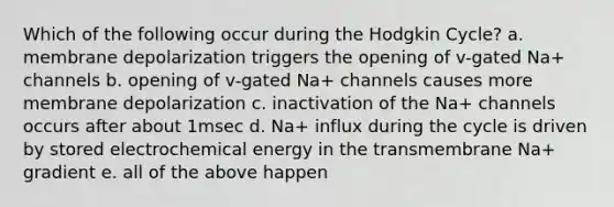 Which of the following occur during the Hodgkin Cycle? a. membrane depolarization triggers the opening of v-gated Na+ channels b. opening of v-gated Na+ channels causes more membrane depolarization c. inactivation of the Na+ channels occurs after about 1msec d. Na+ influx during the cycle is driven by stored electrochemical energy in the transmembrane Na+ gradient e. all of the above happen