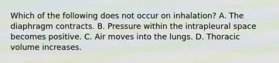 Which of the following does not occur on inhalation? A. The diaphragm contracts. B. Pressure within the intrapleural space becomes positive. C. Air moves into the lungs. D. Thoracic volume increases.