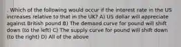 . Which of the following would occur if the interest rate in the US increases relative to that in the UK? A) US dollar will appreciate against British pound B) The demand curve for pound will shift down (to the left) C) The supply curve for pound will shift down (to the right) D) All of the above