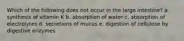 Which of the following does not occur in the large intestine? a. synthesis of vitamin K b. absorption of water c. absorption of electrolytes d. secretions of mucus e. digestion of cellulose by digestive enzymes