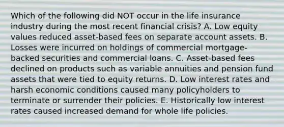 Which of the following did NOT occur in the life insurance industry during the most recent financial crisis? A. Low equity values reduced asset-based fees on separate account assets. B. Losses were incurred on holdings of commercial mortgage-backed securities and commercial loans. C. Asset-based fees declined on products such as variable annuities and pension fund assets that were tied to equity returns. D. Low interest rates and harsh economic conditions caused many policyholders to terminate or surrender their policies. E. Historically low interest rates caused increased demand for whole life policies.