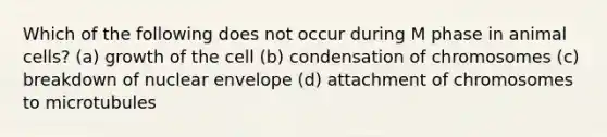 Which of the following does not occur during M phase in animal cells? (a) growth of the cell (b) condensation of chromosomes (c) breakdown of nuclear envelope (d) attachment of chromosomes to microtubules