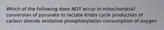 Which of the following does NOT occur in mitochondria? conversion of pyruvate to lactate Krebs cycle production of carbon dioxide oxidative phosphorylation consumption of oxygen