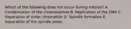 Which of the following does not occur during mitosis? A. Condensation of the chromosomes B. Replication of the DNA C. Separation of sister chromatids D. Spindle formation E. Separation of the spindle poles