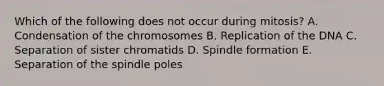 Which of the following does not occur during mitosis? A. Condensation of the chromosomes B. Replication of the DNA C. Separation of sister chromatids D. Spindle formation E. Separation of the spindle poles