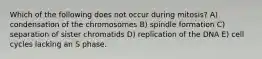 Which of the following does not occur during mitosis? A) condensation of the chromosomes B) spindle formation C) separation of sister chromatids D) replication of the DNA E) cell cycles lacking an S phase.