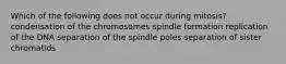 Which of the following does not occur during mitosis? condensation of the chromosomes spindle formation replication of the DNA separation of the spindle poles separation of sister chromatids