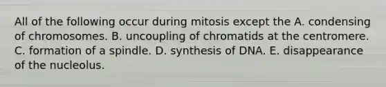 All of the following occur during mitosis except the A. condensing of chromosomes. B. uncoupling of chromatids at the centromere. C. formation of a spindle. D. synthesis of DNA. E. disappearance of the nucleolus.