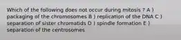 Which of the following does not occur during mitosis ? A ) packaging of the chromosomes B ) replication of the DNA C ) separation of sister chromatids D ) spindle formation E ) separation of the centrosomes